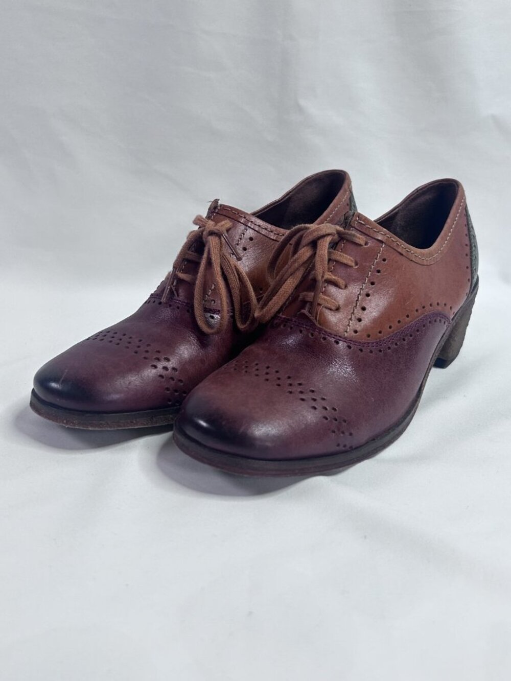 Kickers Two-Tone Burgundy Brown Leather Brogue Oxford Heels, Size 37